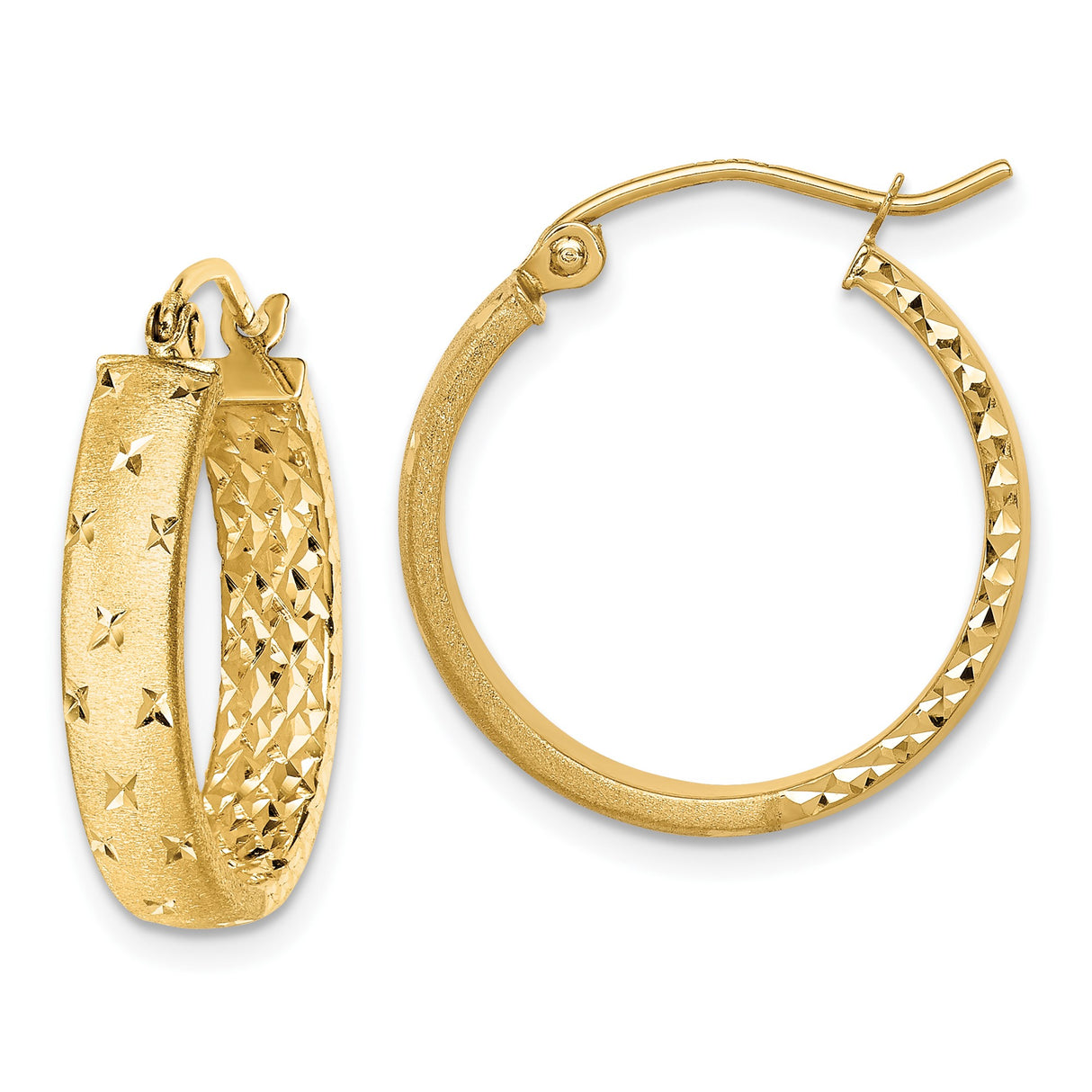10k Yellow Gold Hoop Earrings with Textured Diamond-Cut Star Pattern, High Polish Finish
