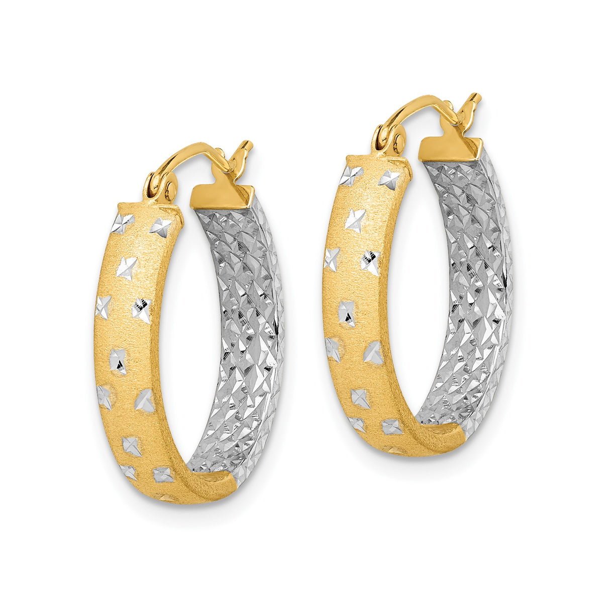10k Yellow Gold Hoop Earrings, Diamond-Cut Two-Tone Textured Design with Rhodium Finish