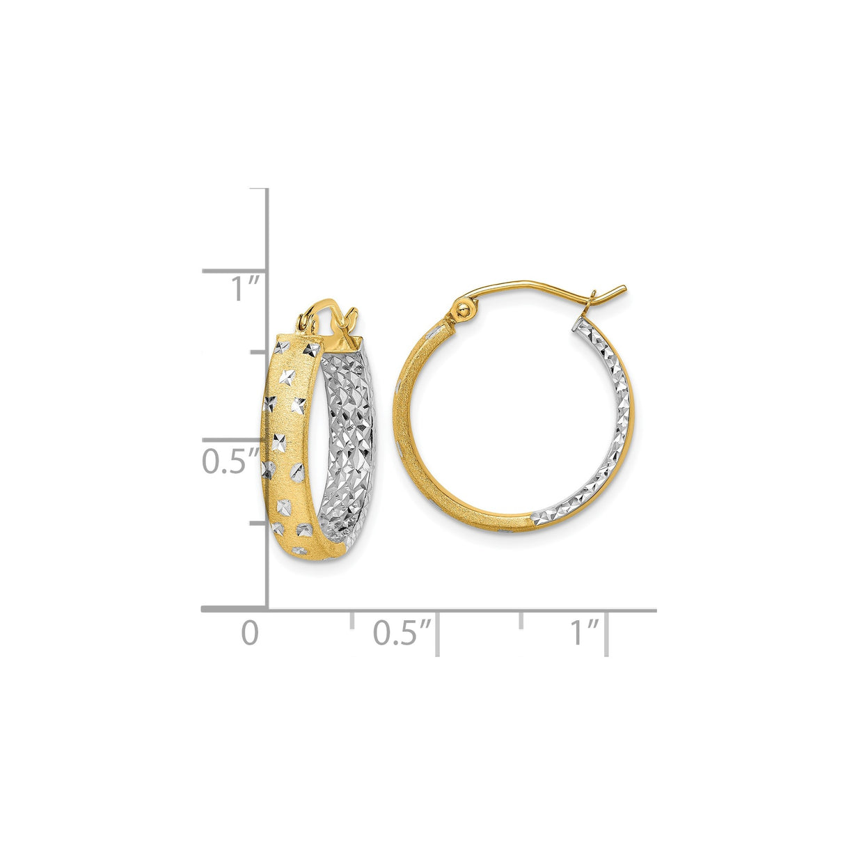 10k Yellow Gold Hoop Earrings, Diamond-Cut Two-Tone Textured Design with Rhodium Finish