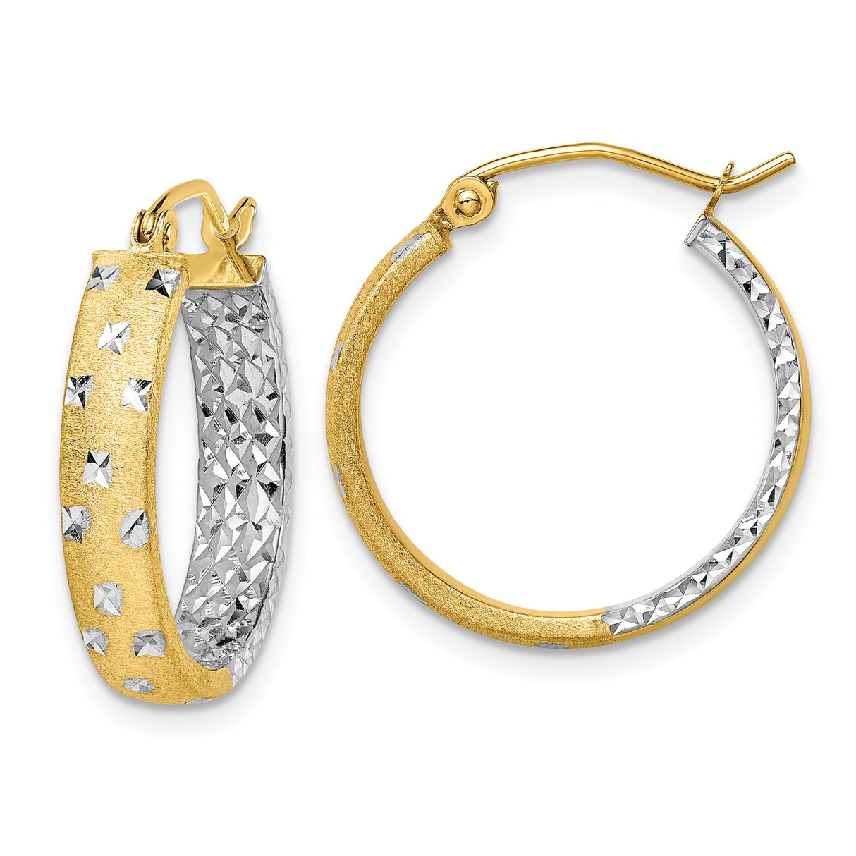 10k Yellow Gold Hoop Earrings, Diamond-Cut Two-Tone Textured Design with Rhodium Finish