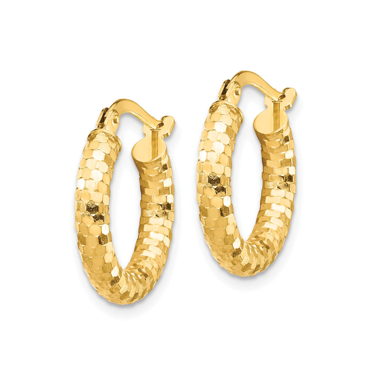 10k Yellow Gold Hoop Earrings with Textured Hexagon Design, Secure Latch Back Closure