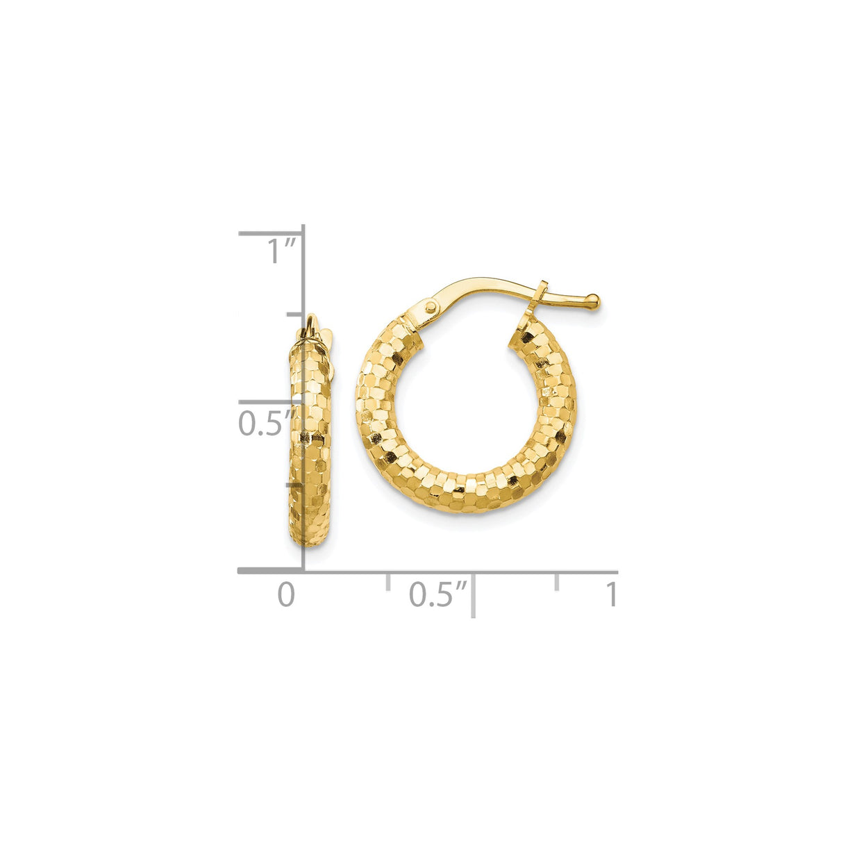 10k Yellow Gold Hoop Earrings with Textured Hexagon Design, Secure Latch Back Closure