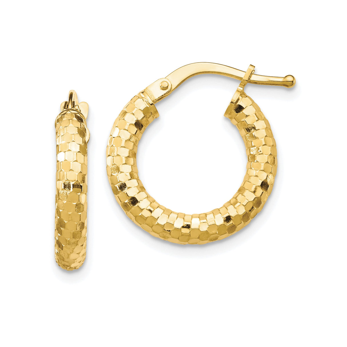 10k Yellow Gold Hoop Earrings with Textured Hexagon Design, Secure Latch Back Closure