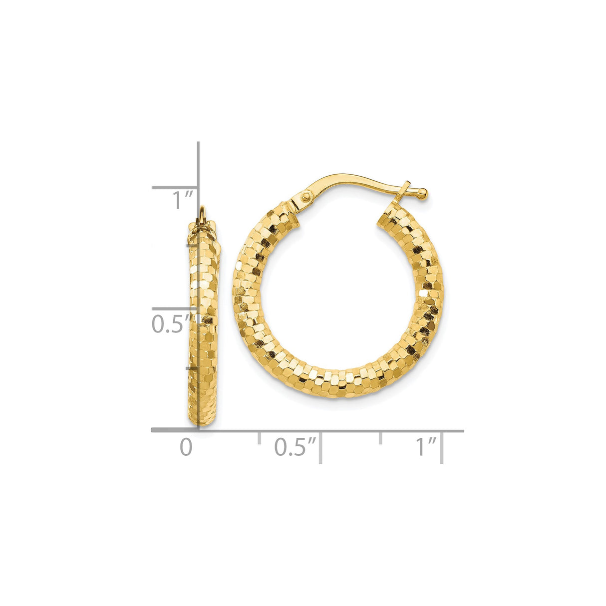 10k Yellow Gold Hoop Earrings with Textured Hexagon Cut Design, Medium Size Lightweight Jewelry