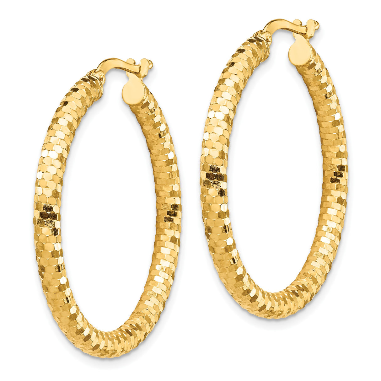 10k Yellow Gold Hoop Earrings with Textured Diamond-Cut Finish, Medium Round Classic Style