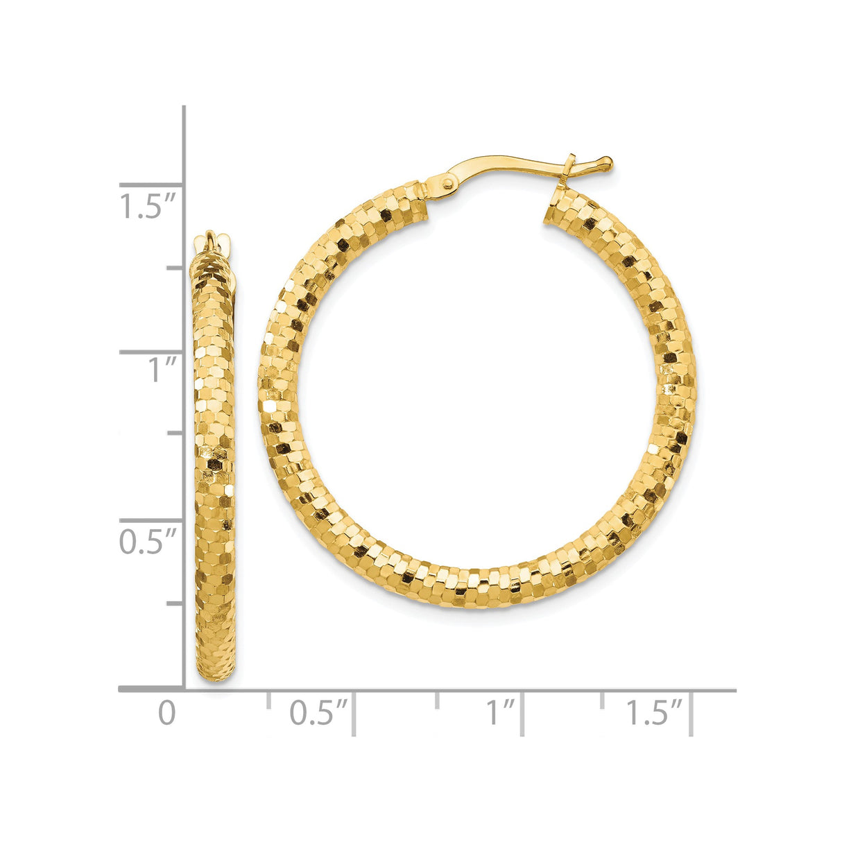 10k Yellow Gold Hoop Earrings with Textured Diamond-Cut Finish, Medium Round Classic Style