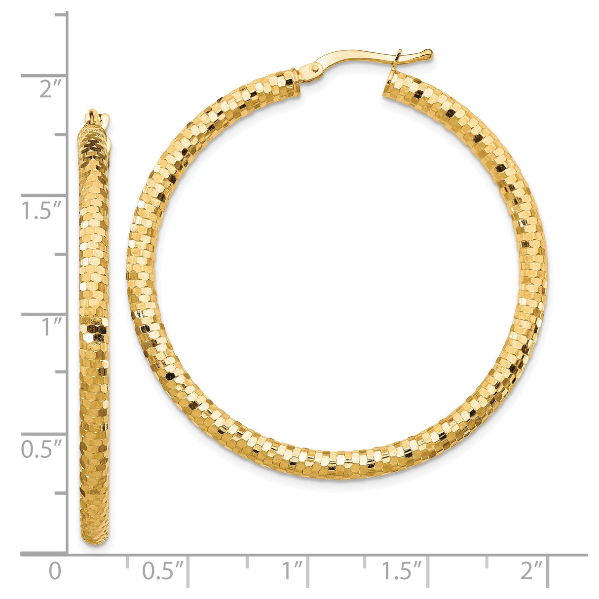 10k Yellow Gold Hoop Earrings, Diamond Cut Textured Round Lightweight Design for Women