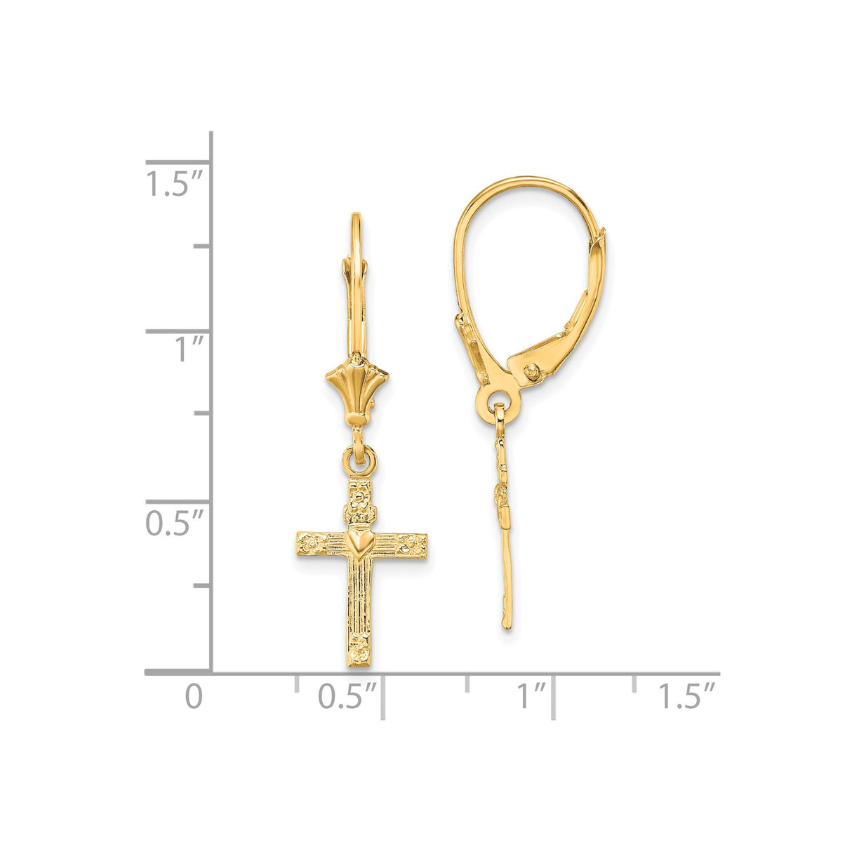 10k Yellow Gold Cross Leverback Earrings with Textured Floral Baroque Design