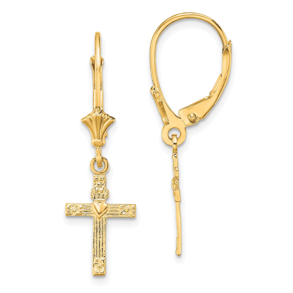10k Yellow Gold Cross Leverback Earrings with Textured Floral Baroque Design