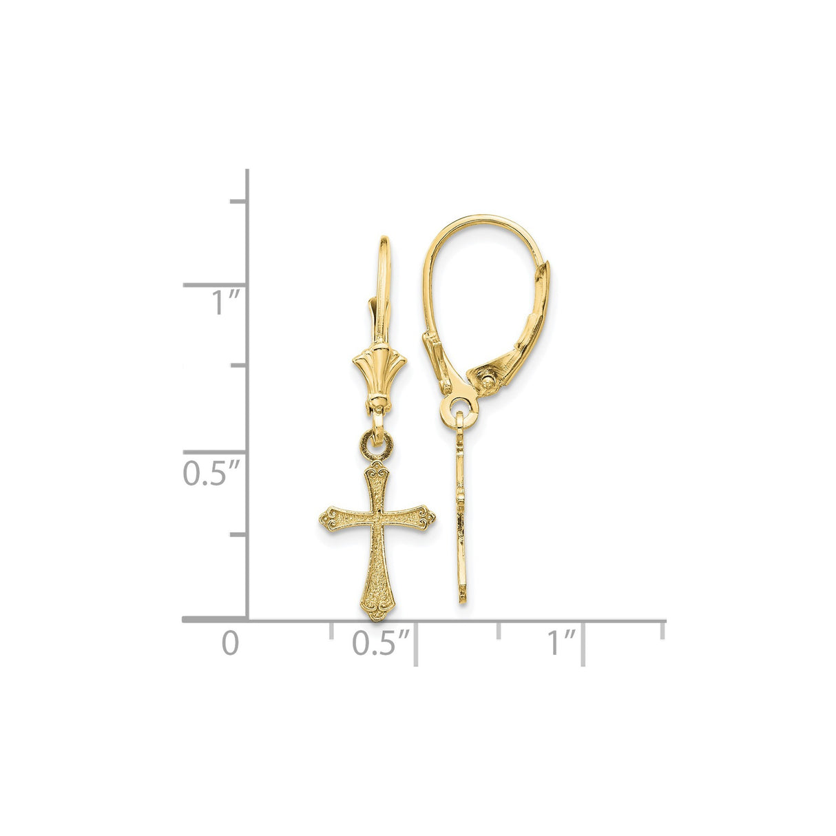 10k Yellow Gold Cross Leverback Earrings, Ornate Vintage-Inspired Religious Design