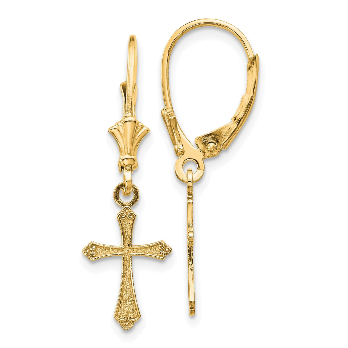10k Yellow Gold Cross Leverback Earrings, Ornate Vintage-Inspired Religious Design
