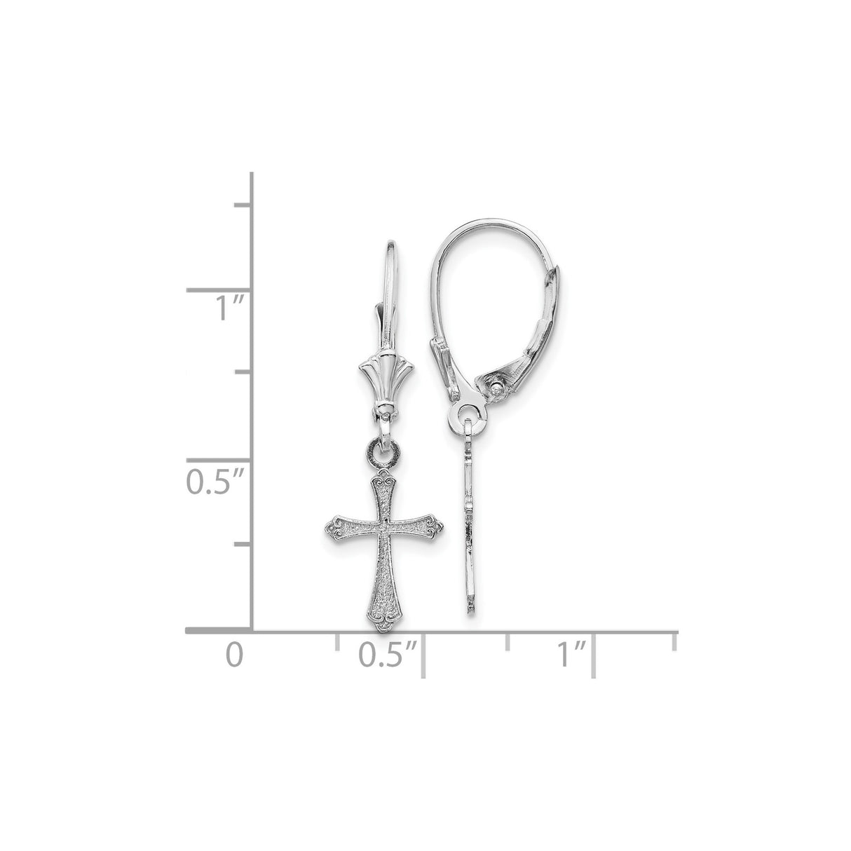 10k White Gold Cross Leverback Earrings with Fleur Detail and Vintage Scroll Design