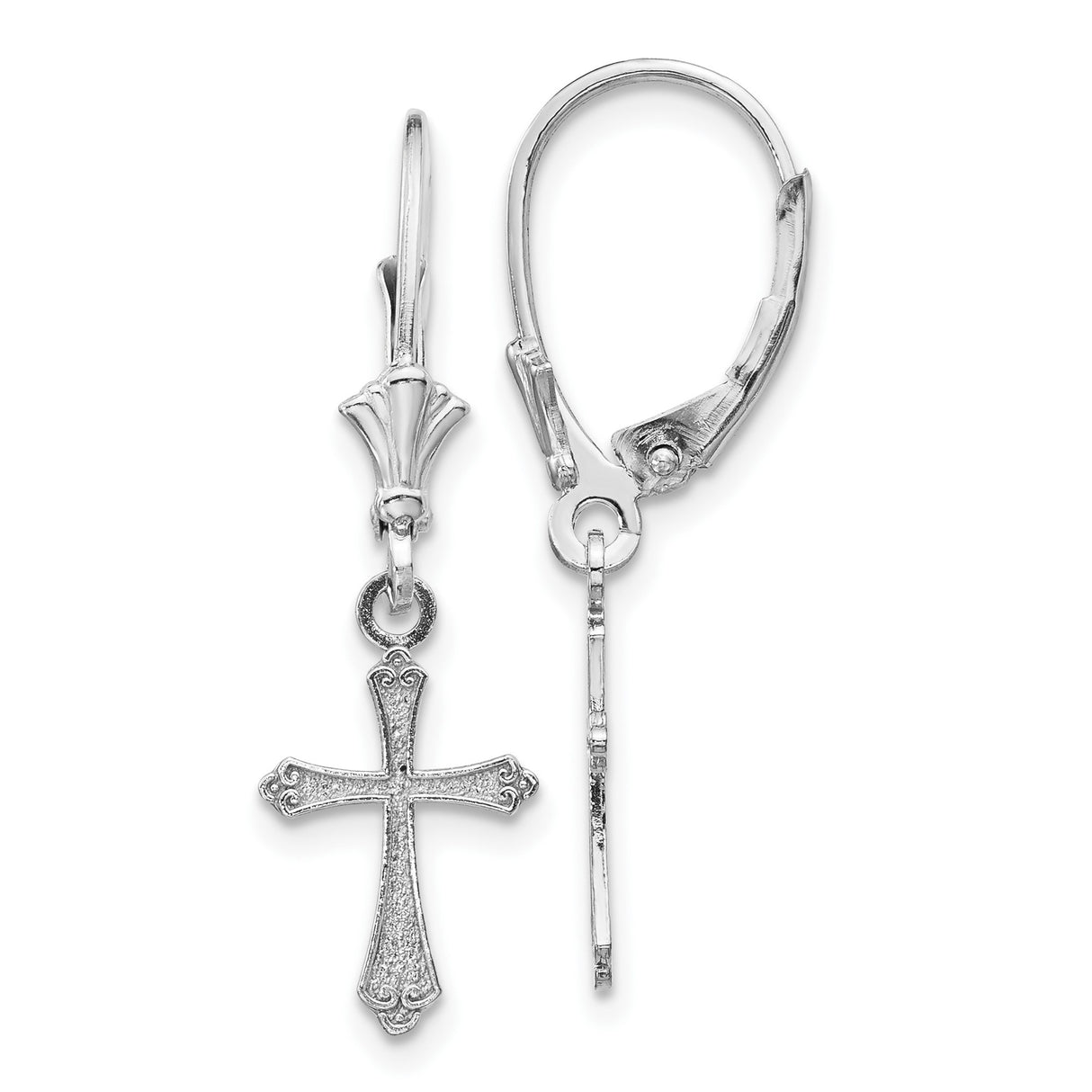 10k White Gold Cross Leverback Earrings with Fleur Detail and Vintage Scroll Design