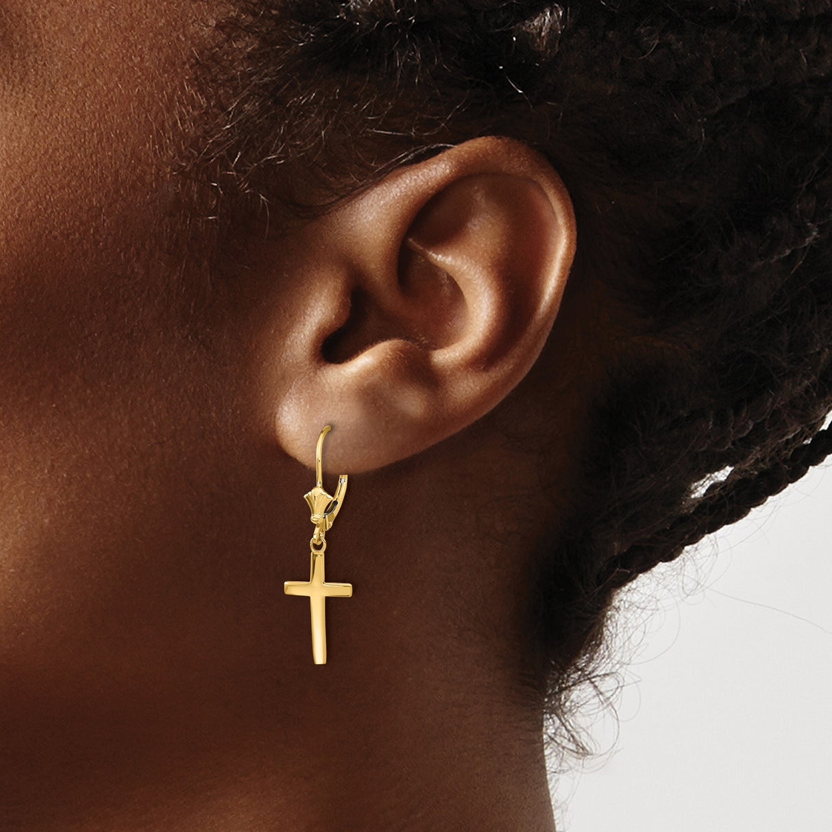 10k Yellow Gold Cross Leverback Earrings, Polished Dangle Style, Vintage Faith-Inspired Design