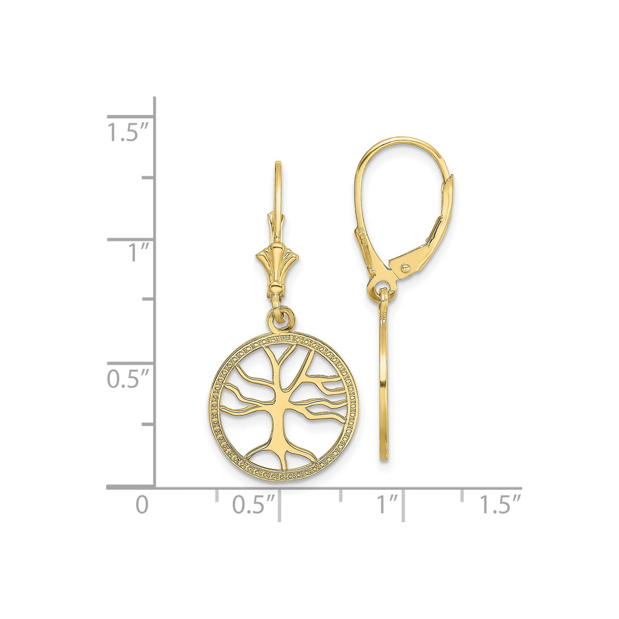 10k Yellow Gold Leverback Earrings with Tree of Life Design in Round Openwork Frame