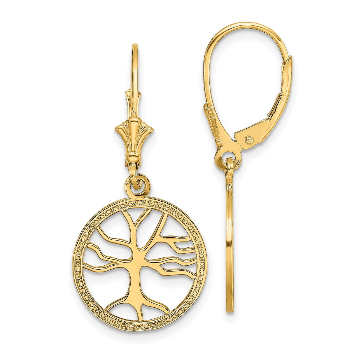 10k Yellow Gold Leverback Earrings with Tree of Life Design in Round Openwork Frame