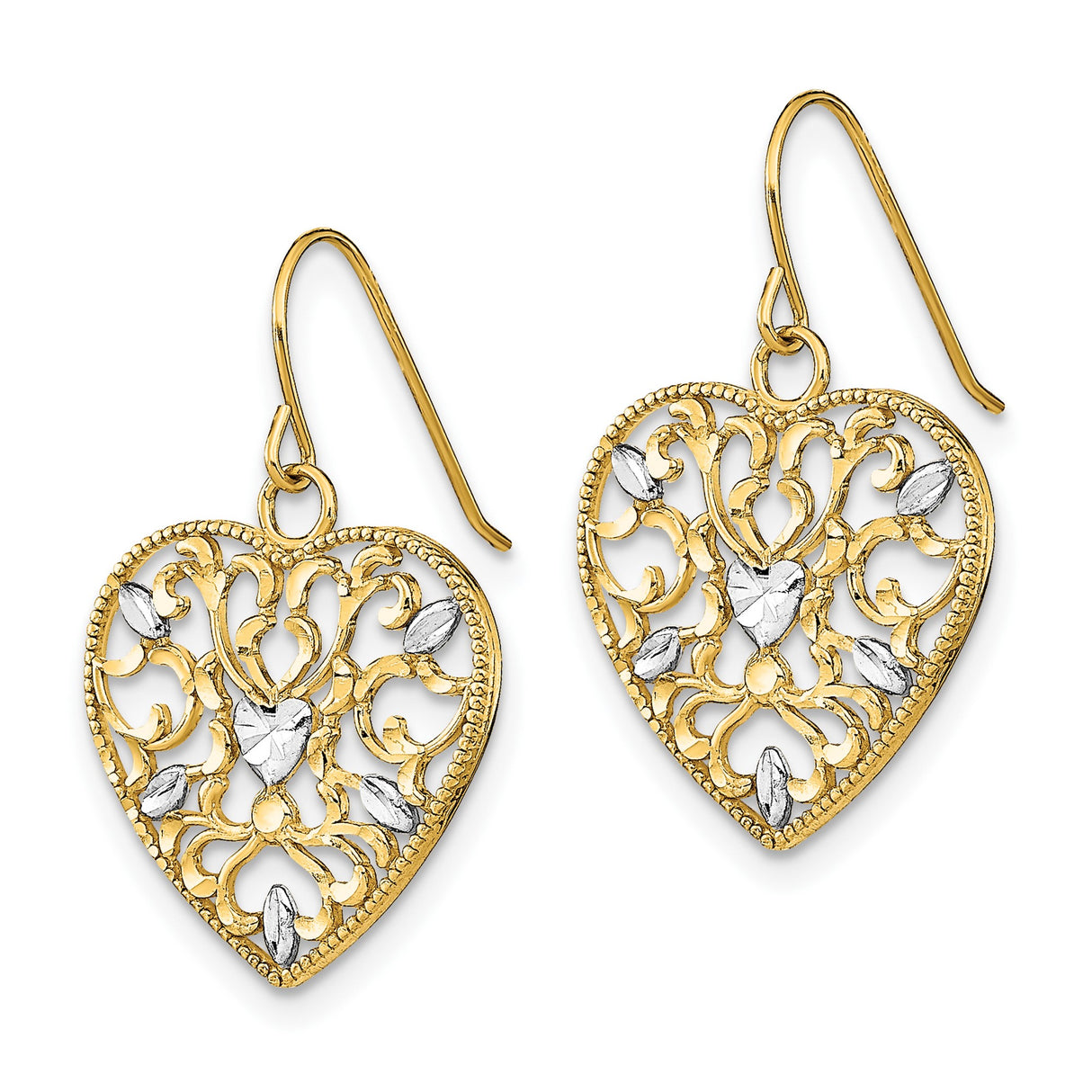 10k Yellow Gold Drop Earrings with Rhodium Filigree Heart and Floral Accents