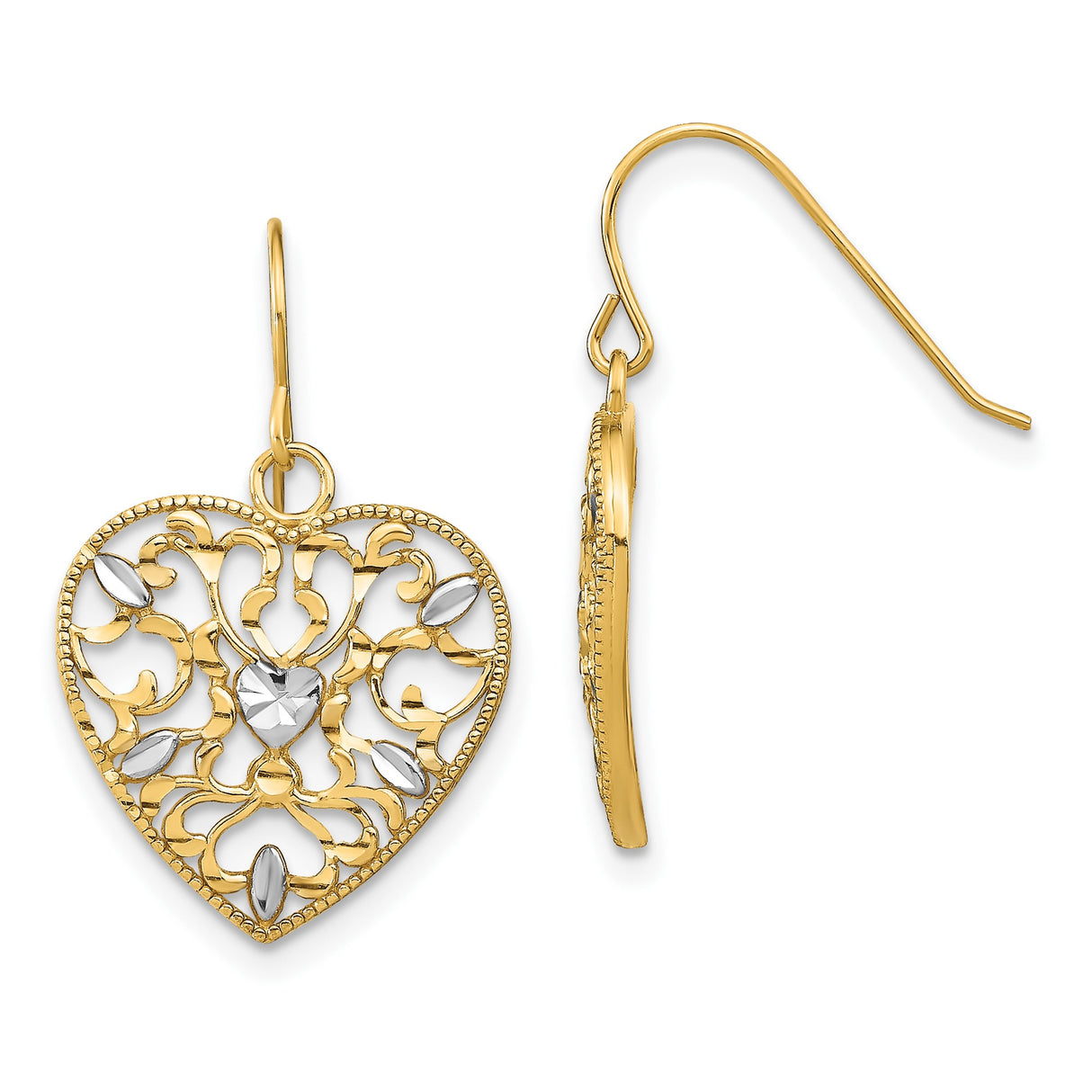 10k Yellow Gold Drop Earrings with Rhodium Filigree Heart and Floral Accents