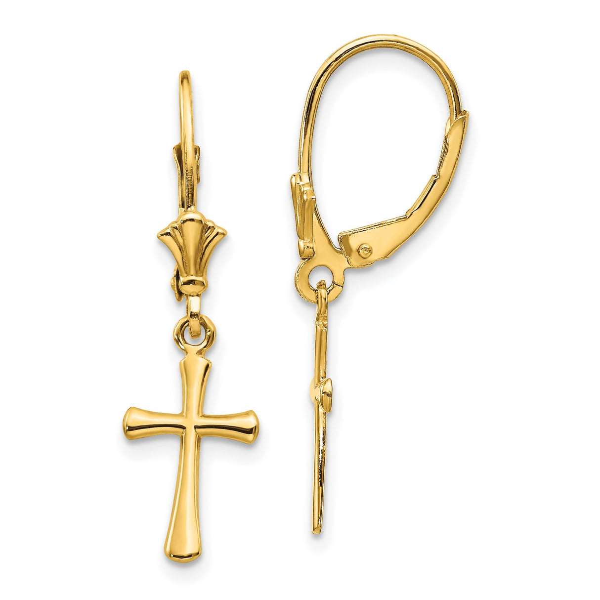 10k Yellow Gold Cross Leverback Earrings, Religious Dangle Style for Men and Women