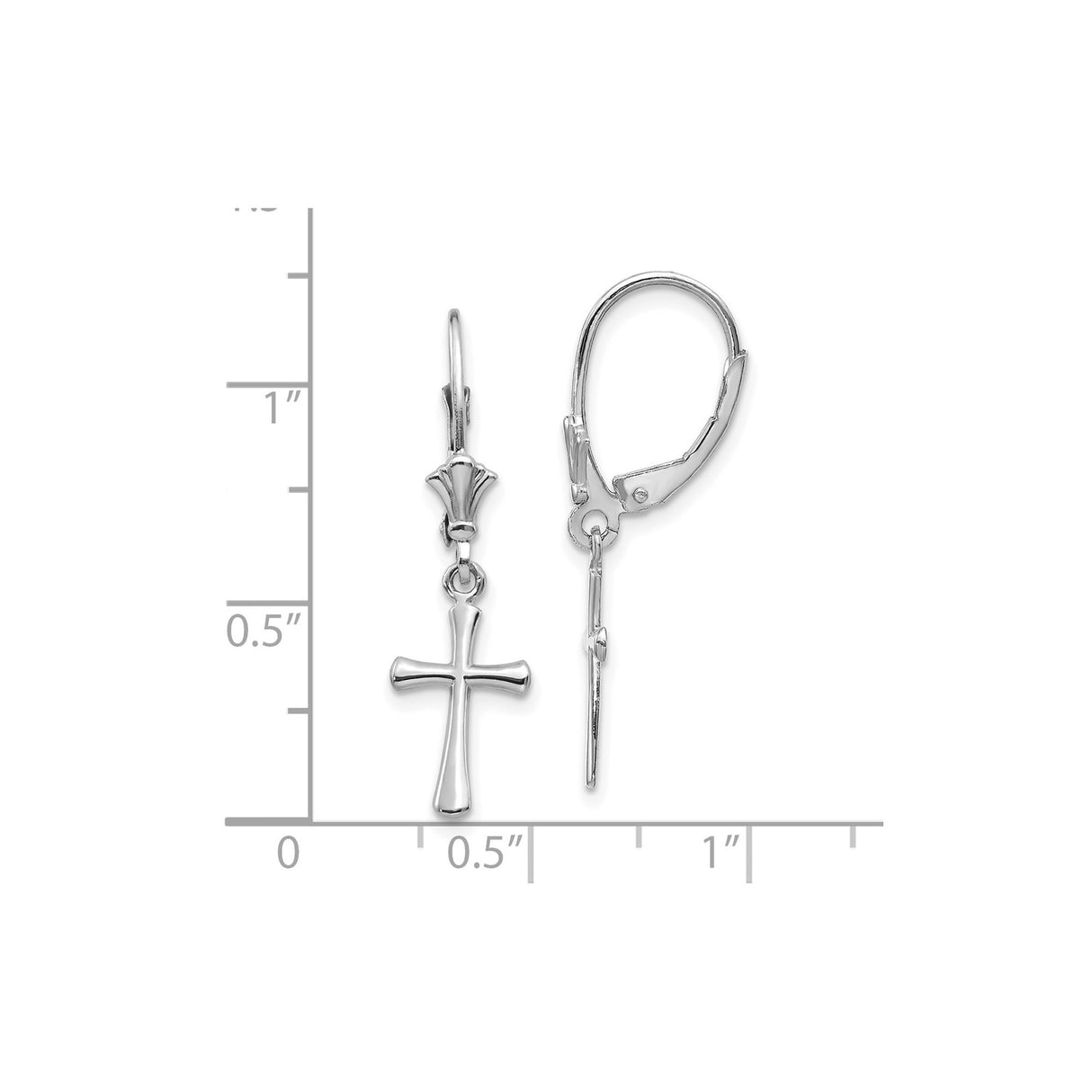 10k White Gold Leverback Earrings with Sleek Cross Charm, Polished Finish, Unisex Spiritual Jewelry