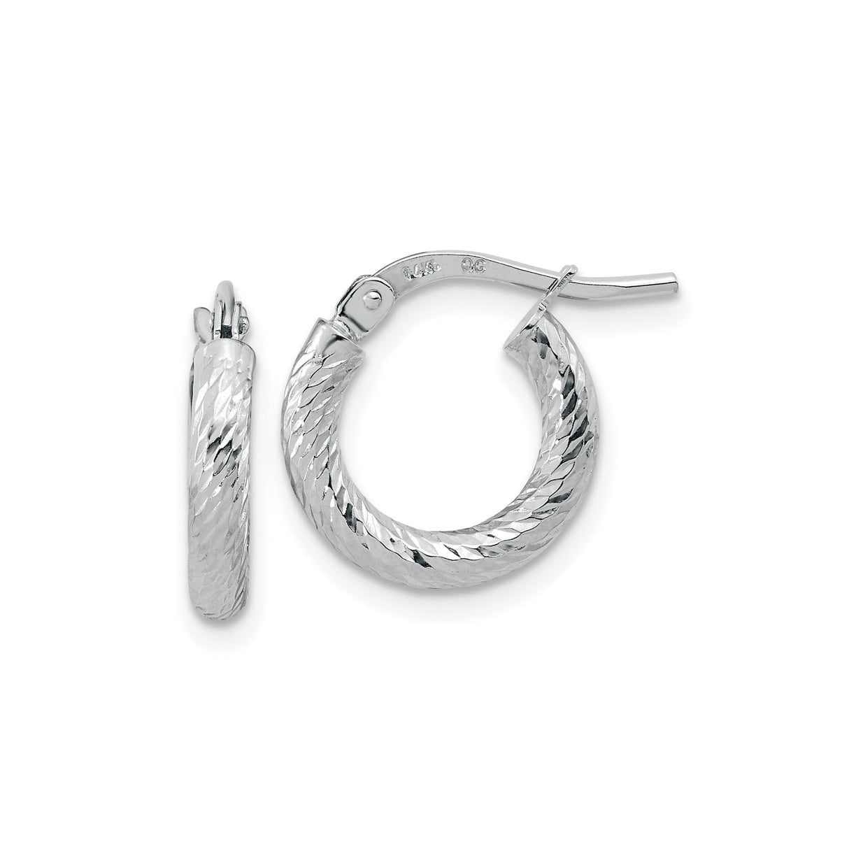 10k White Gold Hoop Earrings, Diamond Cut Textured Finish, Lightweight Polished Hoops