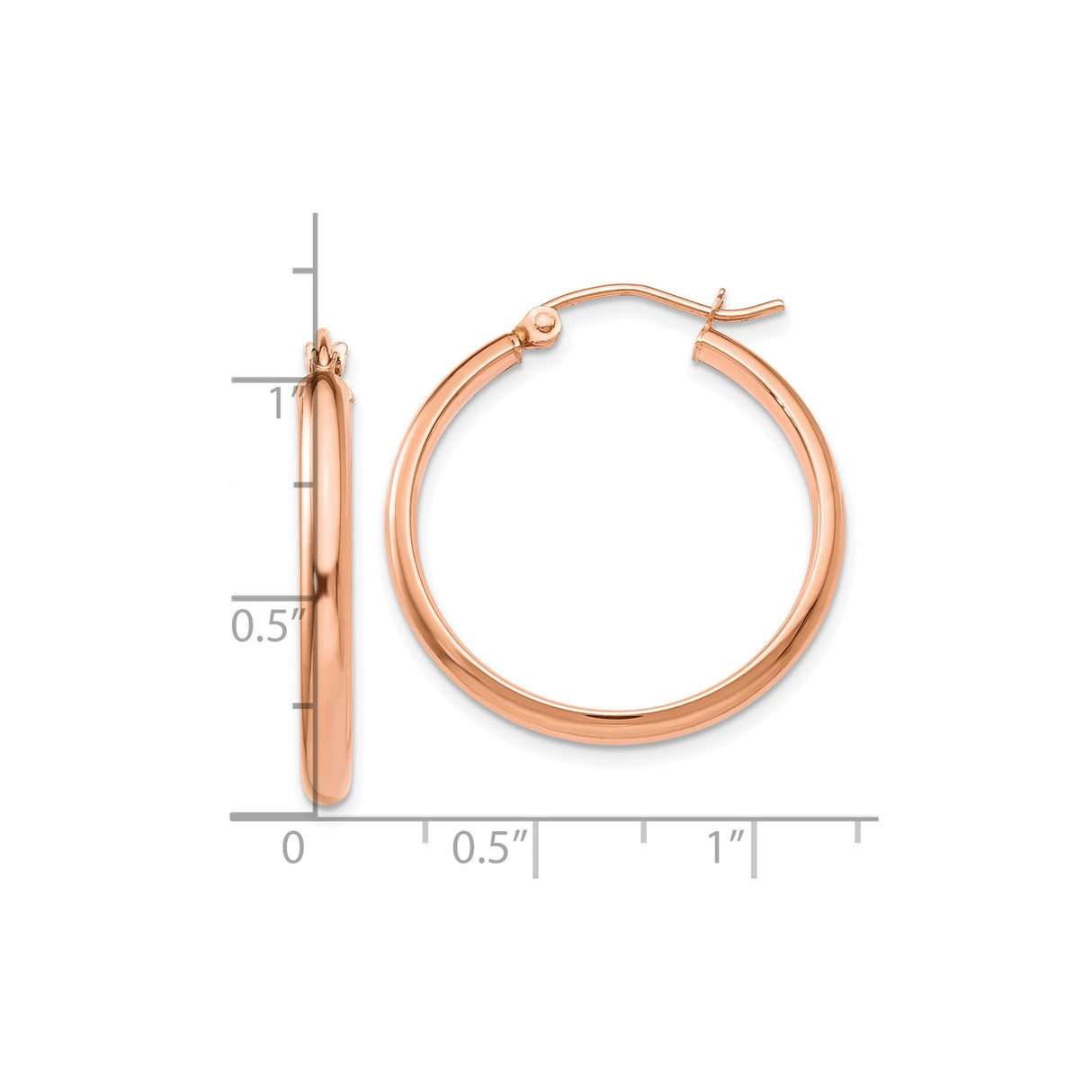 10k Rose Gold Hoop Earrings, Lightweight Polished Round Design with Hinged Snap Closure