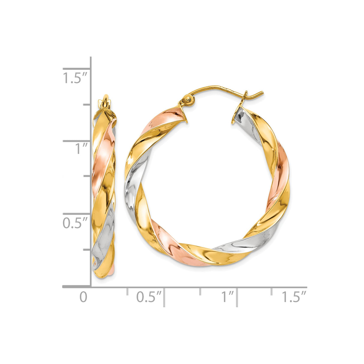 10k Yellow Gold Twisted Hoop Earrings with Tri-Color Braided Bands for Women