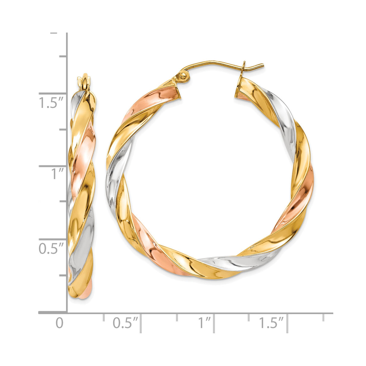 10k Yellow Gold Twisted Hoop Earrings, Tri-Color Intertwined Trinity Design for Women