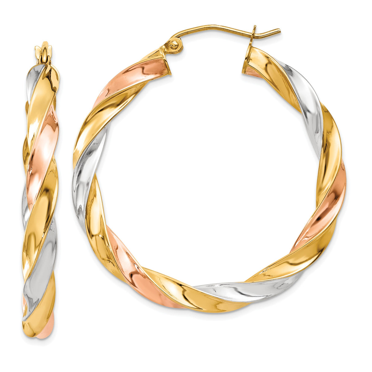 10k Yellow Gold Twisted Hoop Earrings, Tri-Color Intertwined Trinity Design for Women