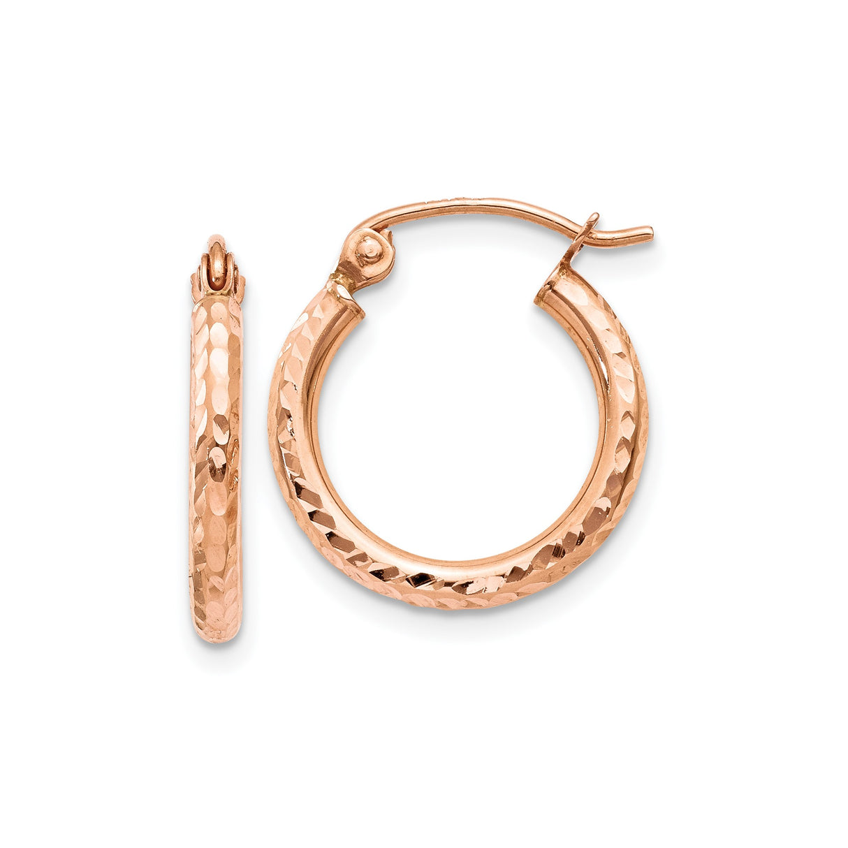 10k Rose Gold Hoop Earrings with Textured Diamond-Cut Finish, Lightweight Hinged Design
