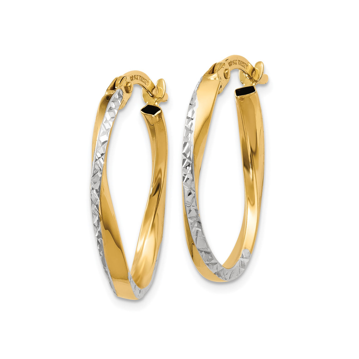 10k Yellow Gold Twisted Hoop Earrings, Diamond Cut Texture, Two-Tone Oval Design for Women