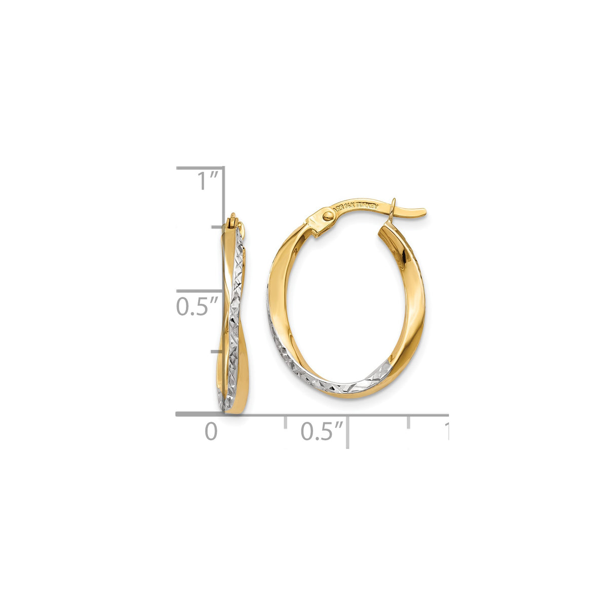 10k Yellow Gold Twisted Hoop Earrings, Diamond Cut Texture, Two-Tone Oval Design for Women