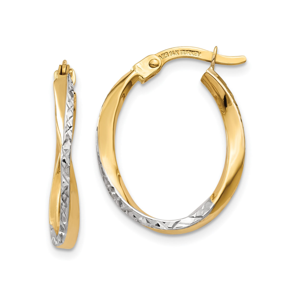 10k Yellow Gold Twisted Hoop Earrings, Diamond Cut Texture, Two-Tone Oval Design for Women