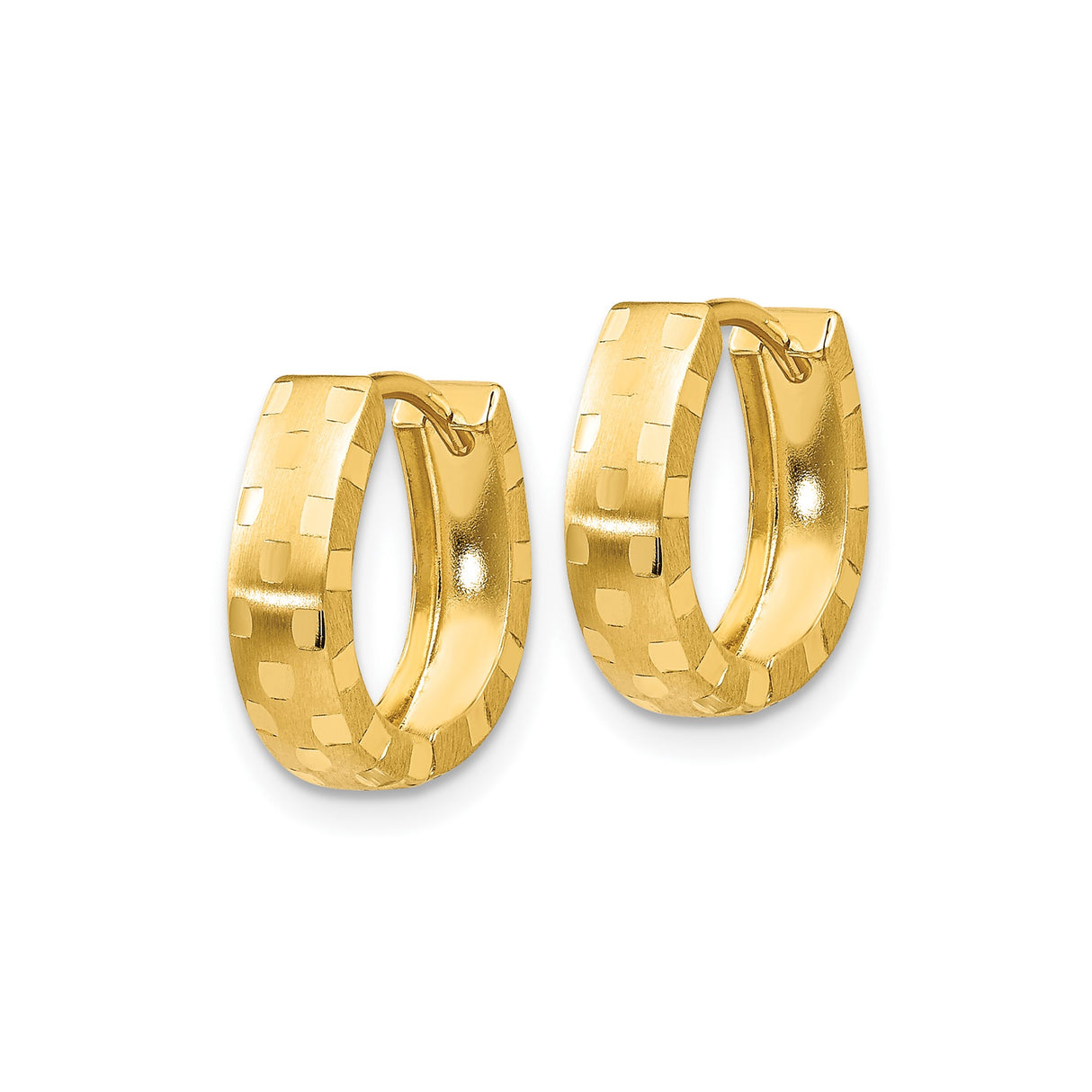 10k Yellow Gold Huggie Hoop Earrings, Textured Diamond Cut Oval Hoops with Polished Finish