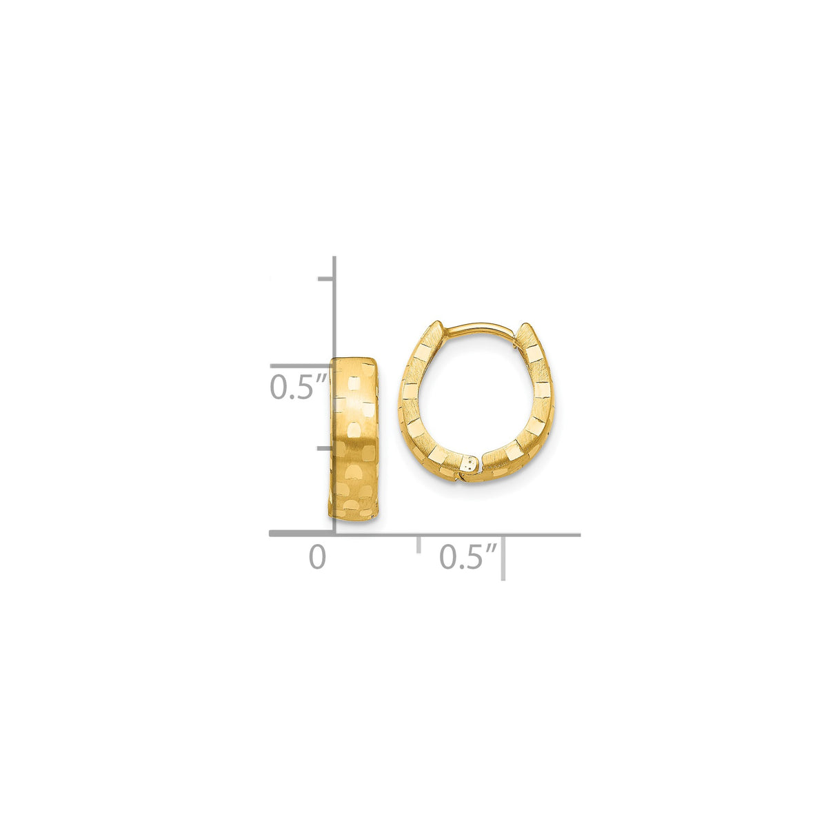 10k Yellow Gold Huggie Hoop Earrings, Textured Diamond Cut Oval Hoops with Polished Finish