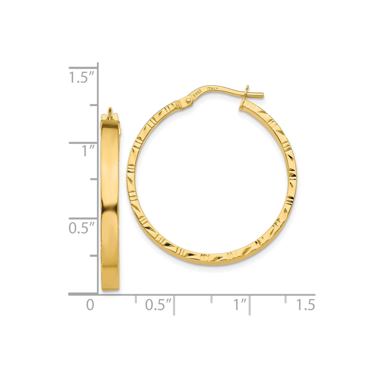 10k Yellow Gold Hoop Earrings, Diamond Cut Textured Finish, Classic Round Design