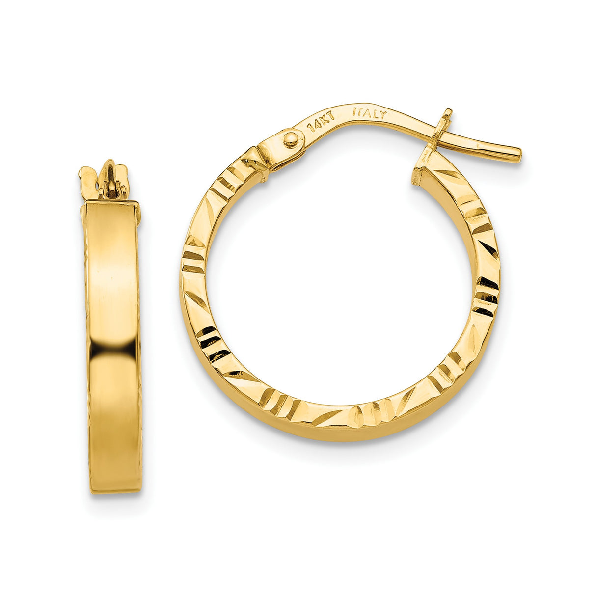 10k Yellow Gold Hoop Earrings with Polished Finish and Diamond Cut Texture, Lightweight Italian Design