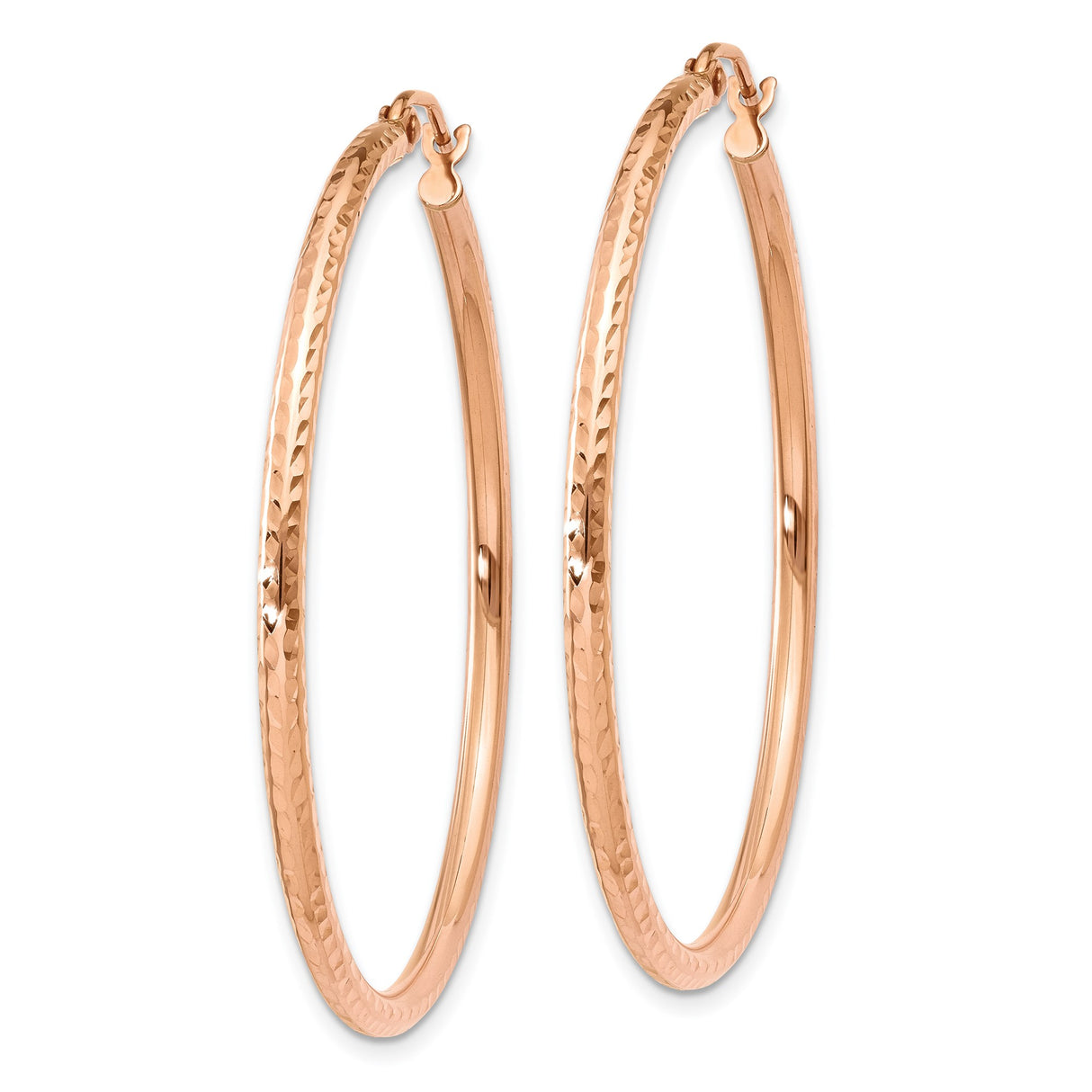 10k Rose Gold Hoop Earrings with Hammered Diamond Cut Texture, Lightweight Modern Design