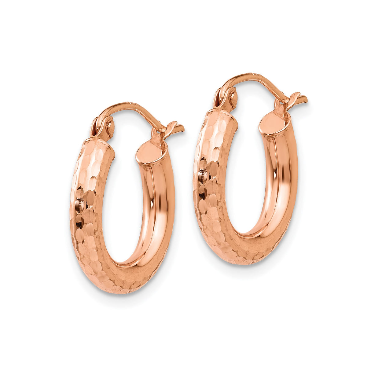 10k Rose Gold Hammered Hoop Earrings, Textured Lightweight Round Hoops for Women