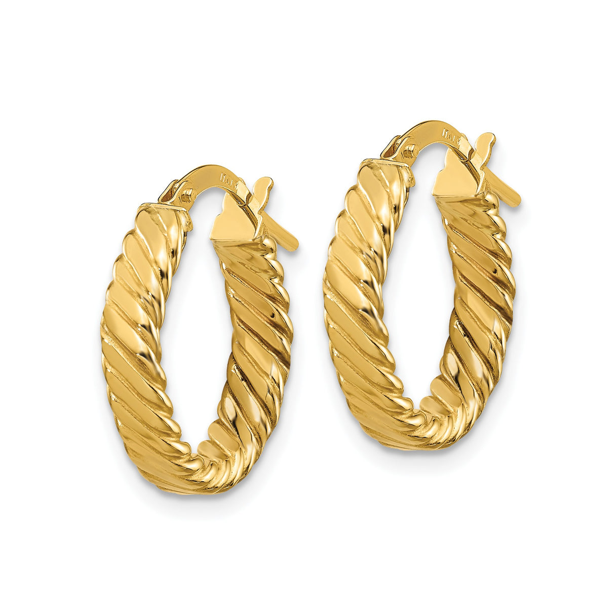 10k Yellow Gold Hoop Earrings, Twisted Italian Rope Design, Shiny Oval Lightweight Style