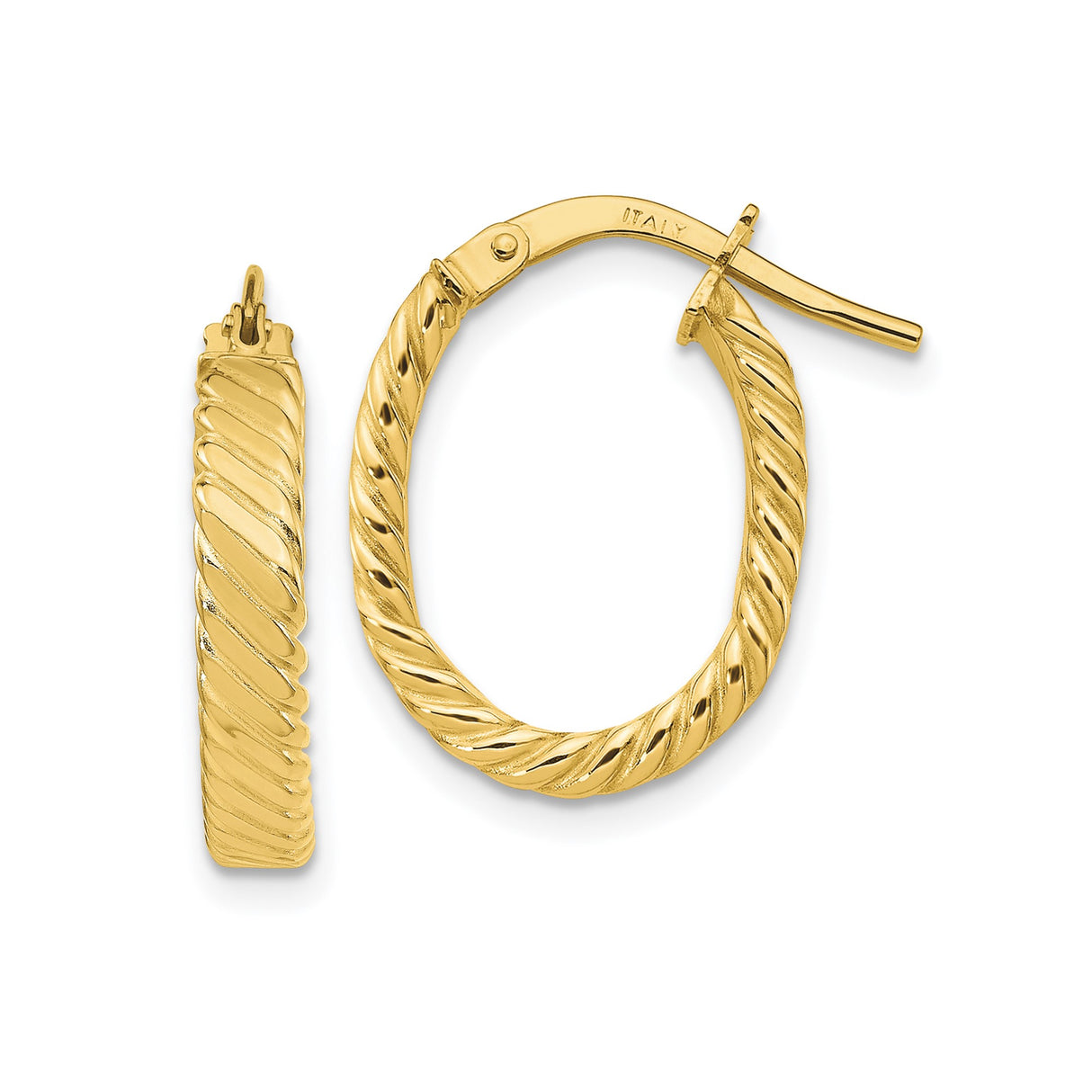 10k Yellow Gold Hoop Earrings, Twisted Italian Rope Design, Shiny Oval Lightweight Style
