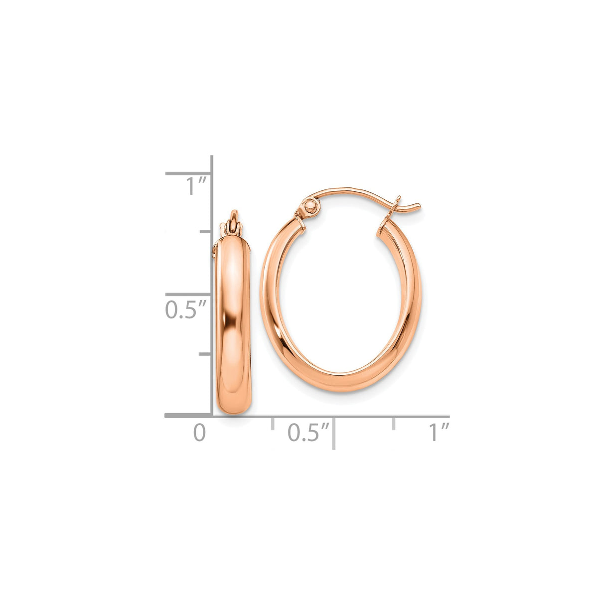 10k Rose Gold Hoop Earrings, Oval Tube Design with Polished Finish and Hinged Snap Back Closure