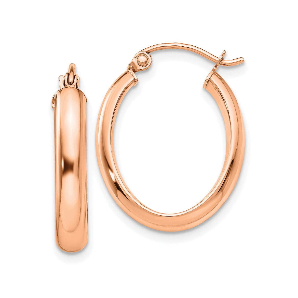 10k Rose Gold Hoop Earrings, Oval Tube Design with Polished Finish and Hinged Snap Back Closure
