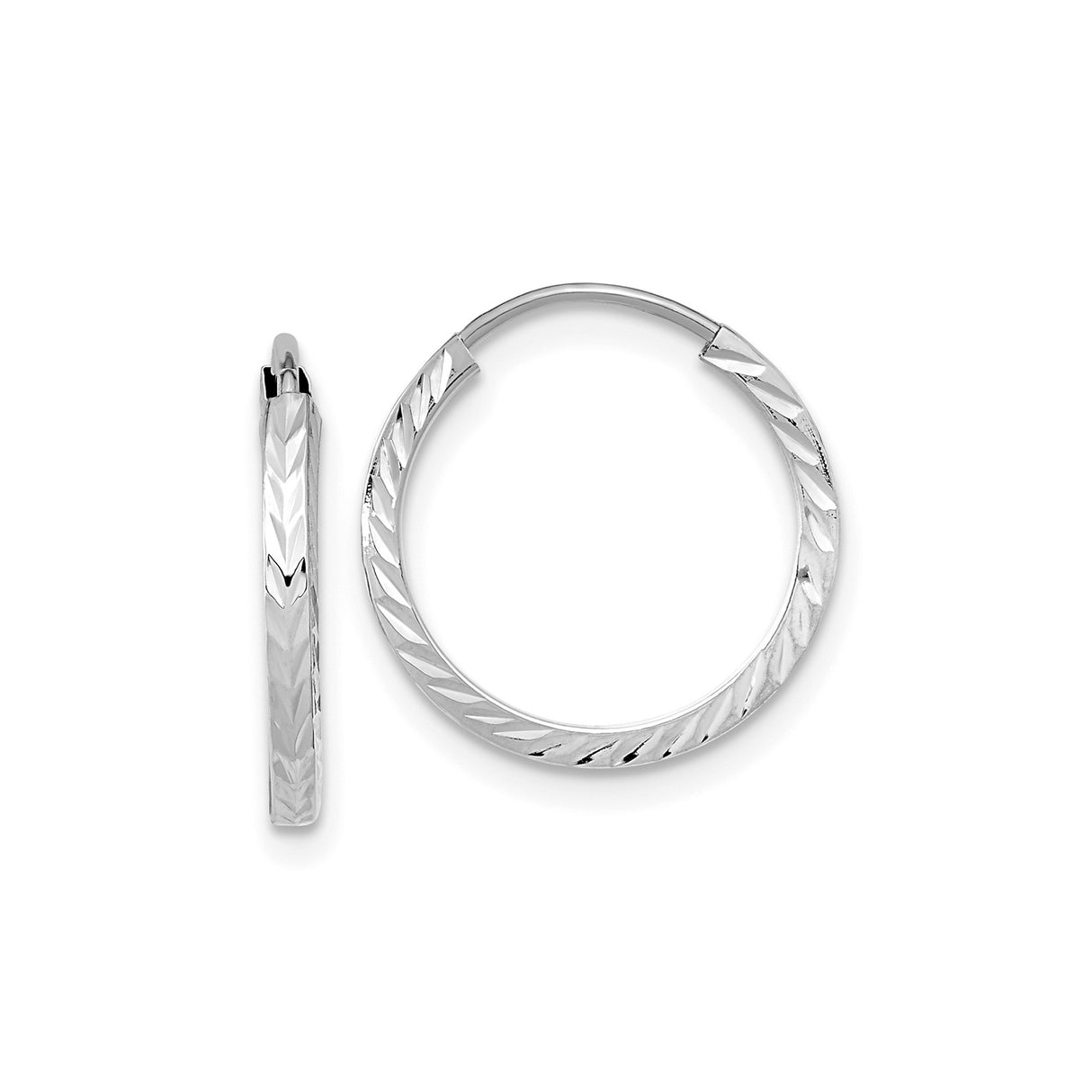10k White Gold Hoop Earrings with Diamond Cut Chevron Pattern, Lightweight Modern Style