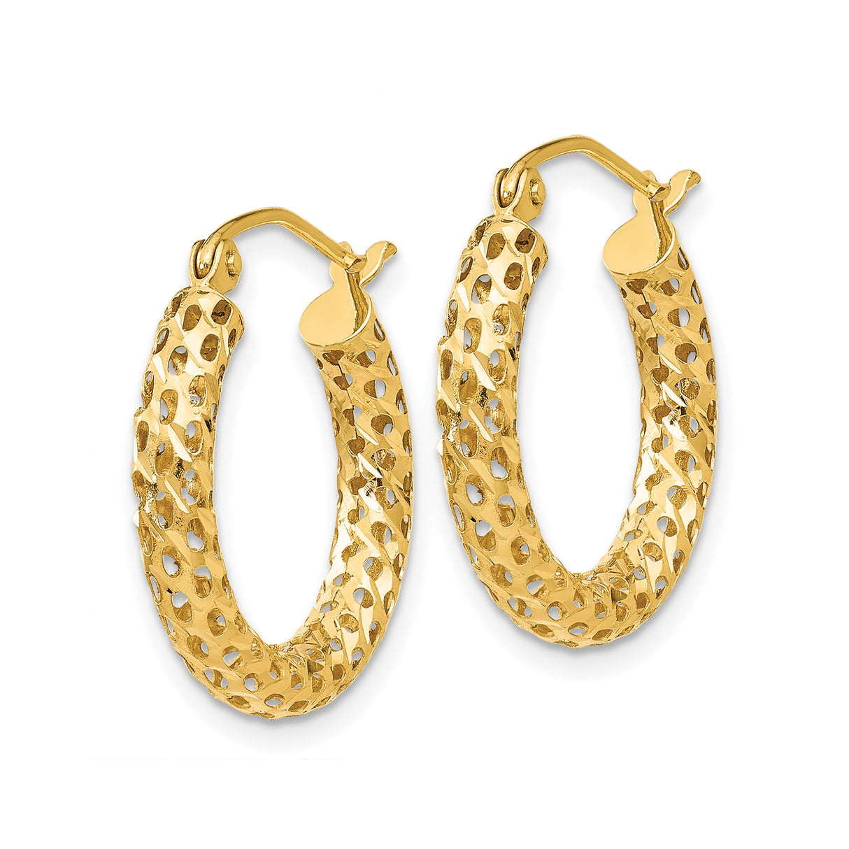 10k Yellow Gold Hoop Earrings with Textured Diamond-Cut Lattice Design, Medium Size
