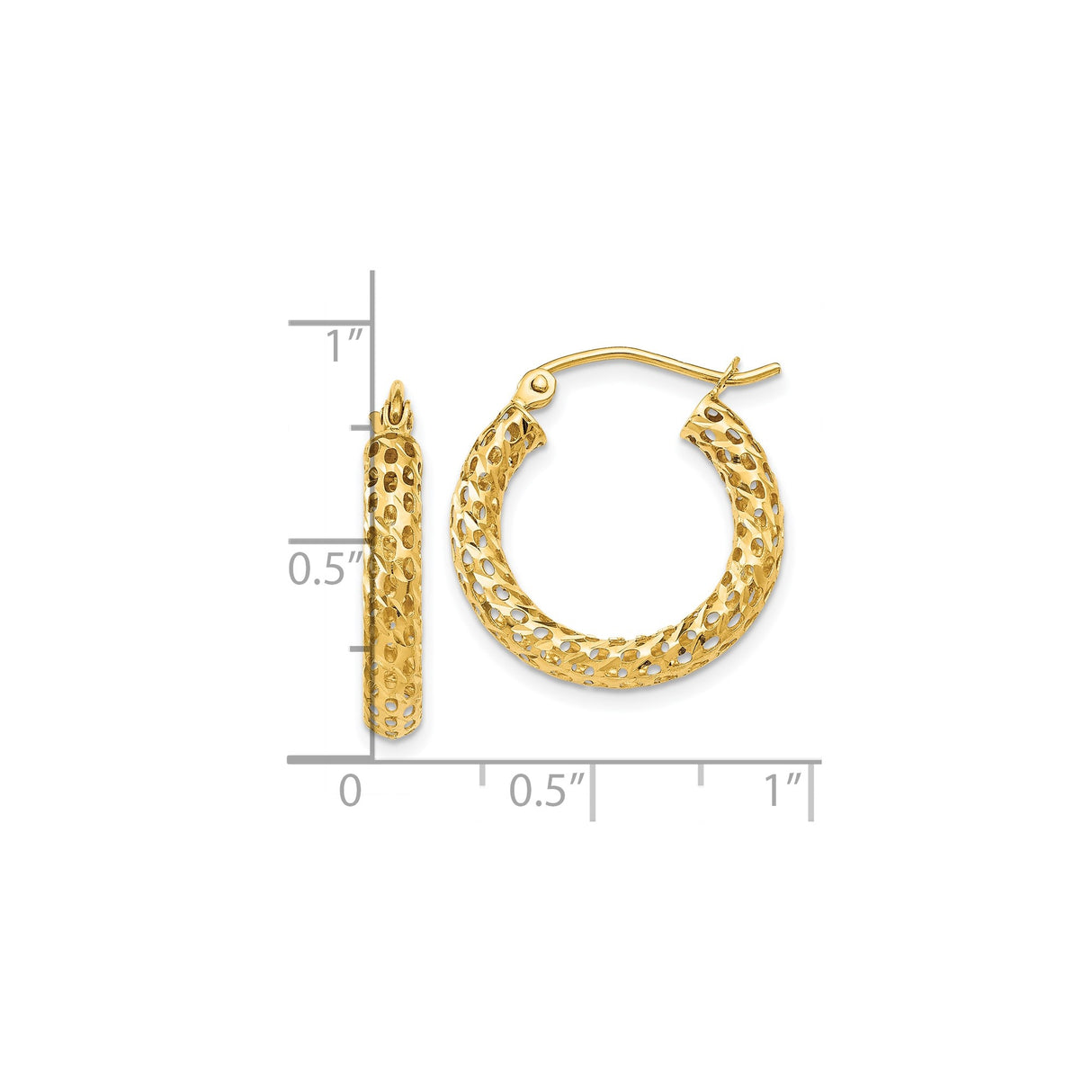 10k Yellow Gold Hoop Earrings with Textured Diamond-Cut Lattice Design, Medium Size