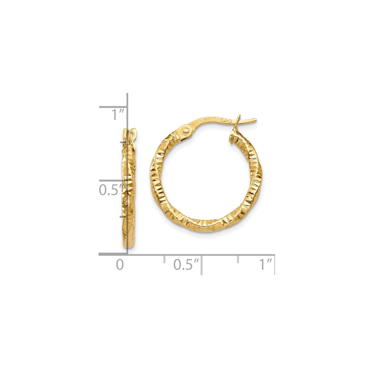 10k Yellow Gold Hoop Earrings, Textured Diamond Cut with Polished Twist Design