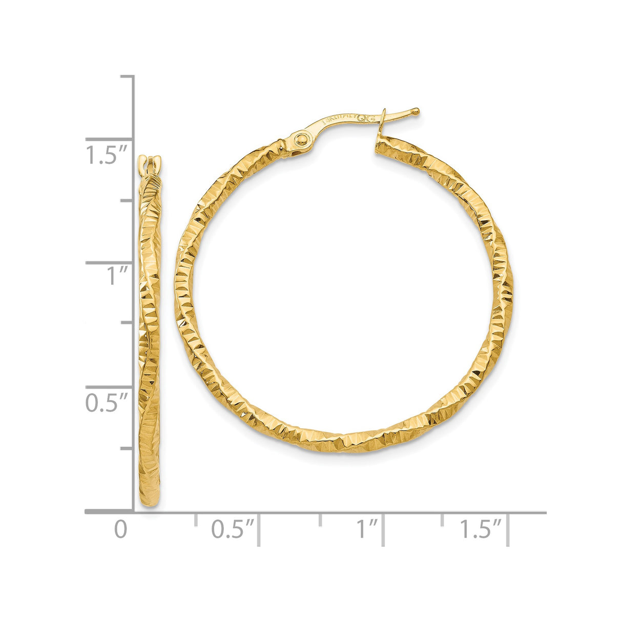 10k Yellow Gold Hoop Earrings, Twisted Diamond Cut with Textured Finish, Lightweight Polished Design
