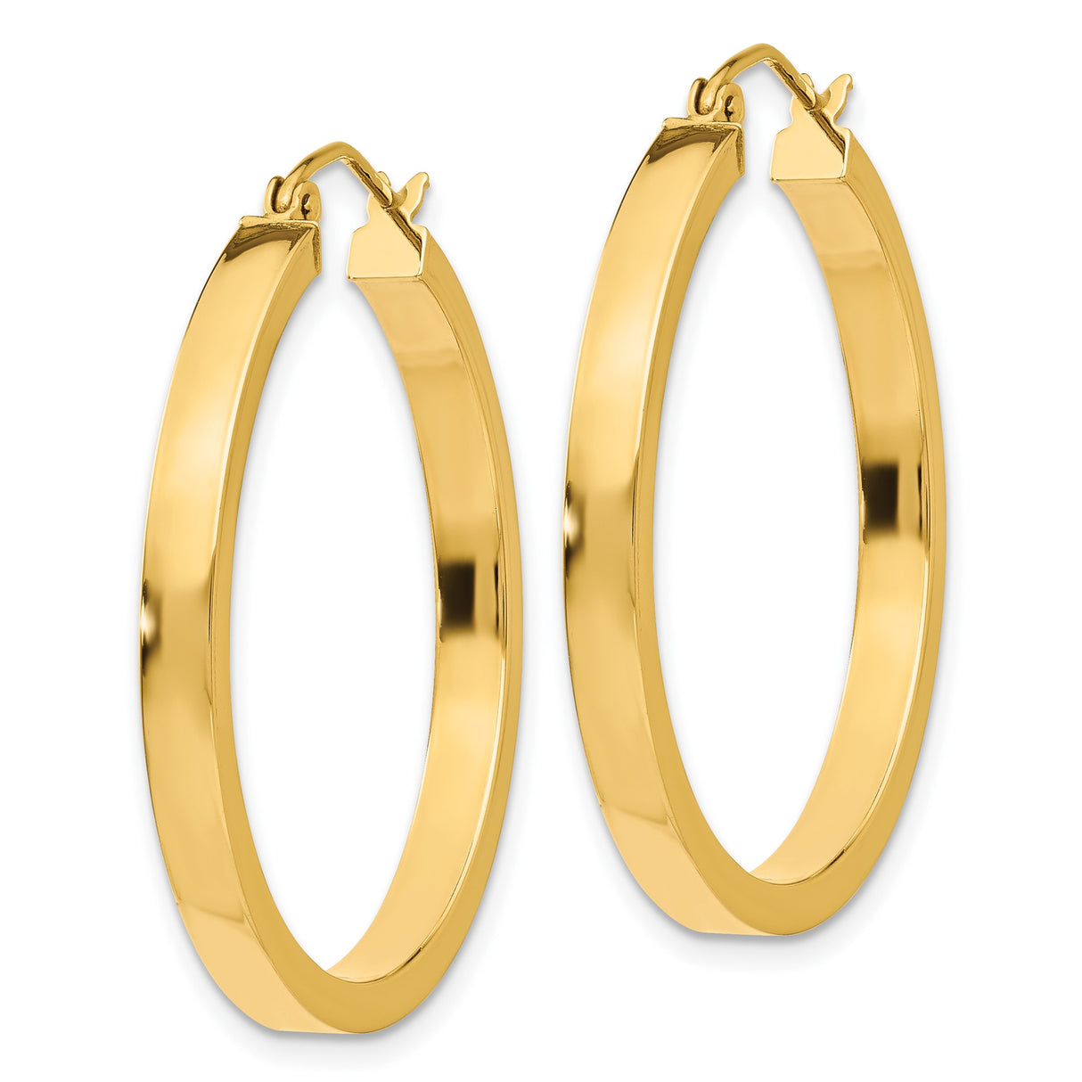 10k Yellow Gold Hoop Earrings, Polished Finish, Hinged Clasp, Flat-Edge Design, Medium Size
