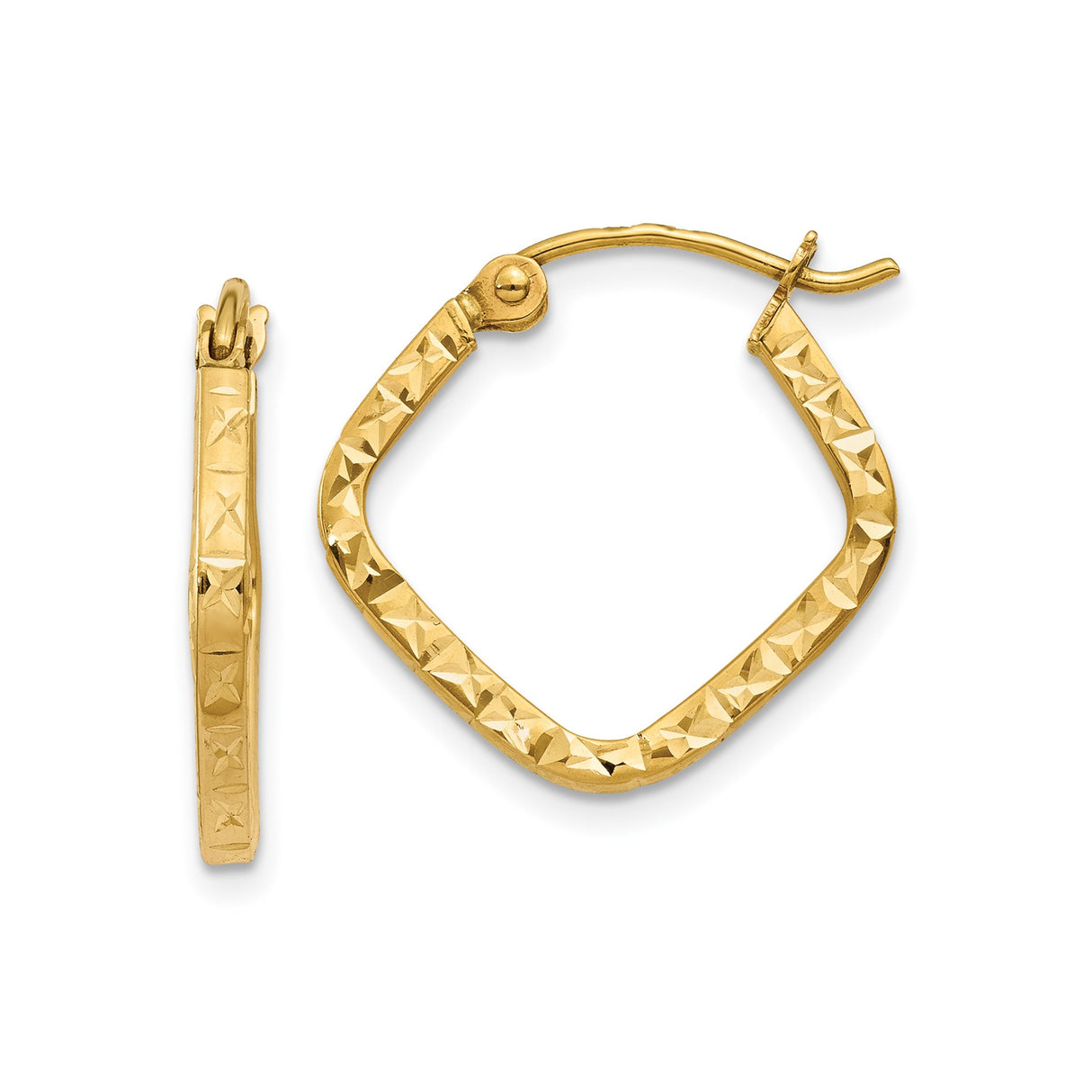 10k Yellow Gold Square Hoop Earrings, Diamond Cut Faceted Starburst Pattern